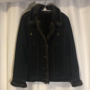 Dennis Basso medium faux fur lined black denim jean jacket removable lining